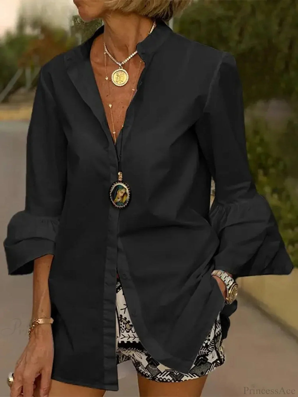 Flare Sleeve Solid Color V Neck Blouse image 3