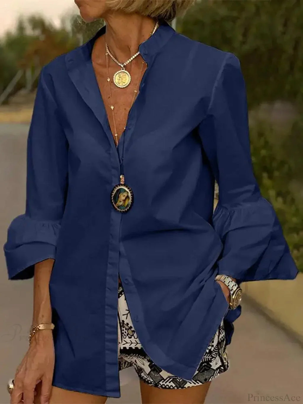 Flare Sleeve Solid Color V Neck Blouse image 2