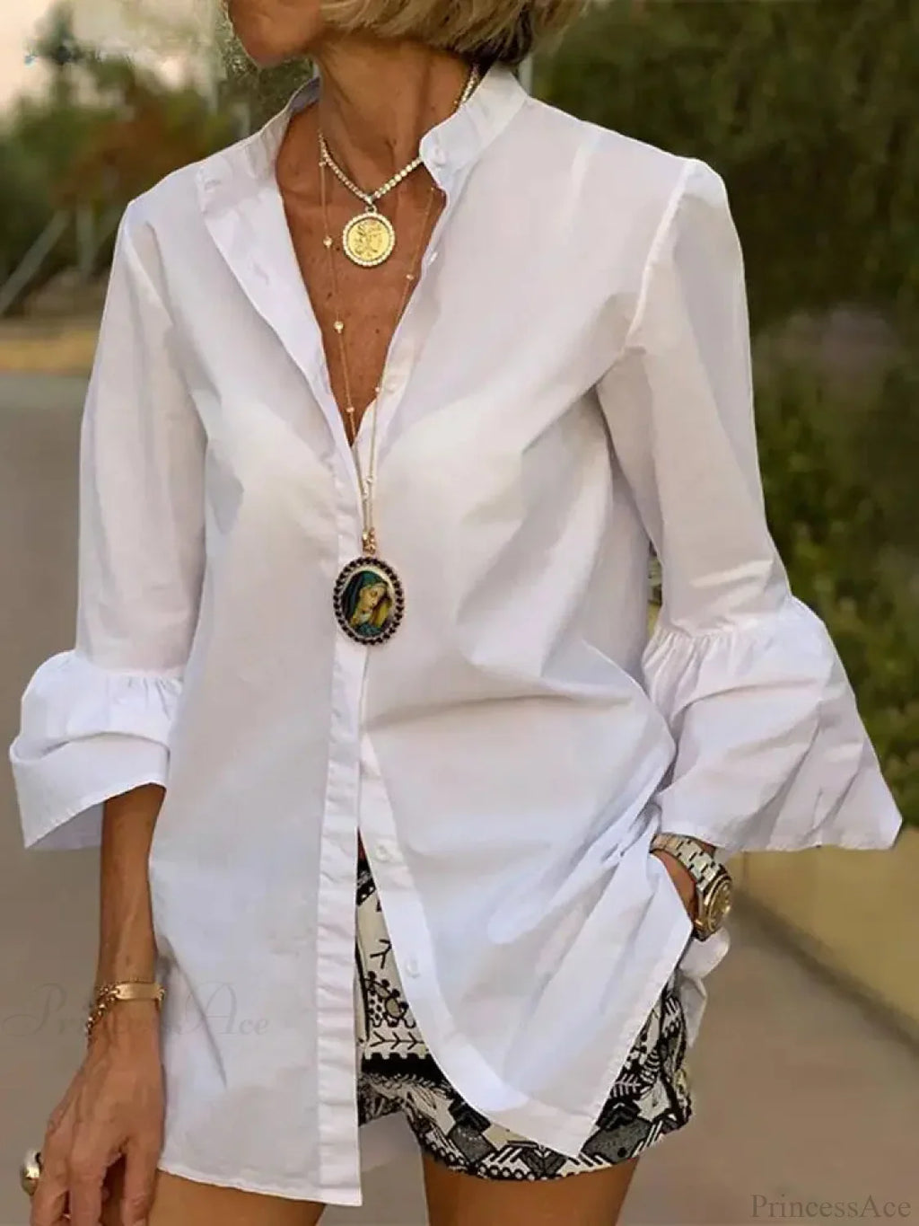 Flare Sleeve Solid Color V Neck Blouse image 1