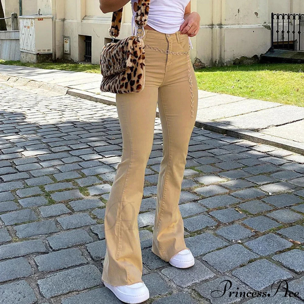 Flared High Black Jeans and in Waist Brown for Khaki Women image 14