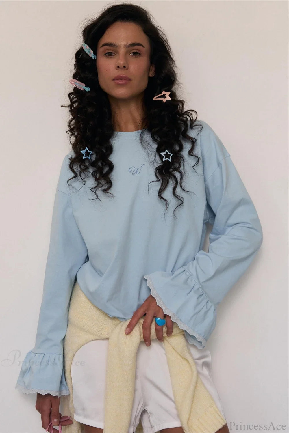 Flared Sleeve Lace Accent Crew Neck Alphabet Embroidered Long Sleeve Tee image 1