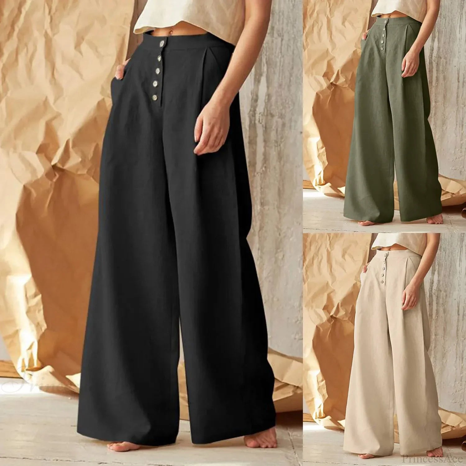 Flared Solid Color High Waist Cotton Linen Pant image 2
