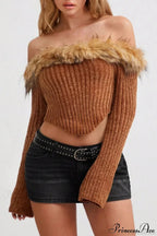 Fleece Collar Knit Off Shoulder Irregular Crop Top image 2