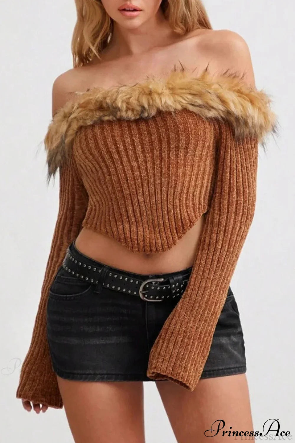 Fleece Collar Knit Off Shoulder Irregular Crop Top image 2