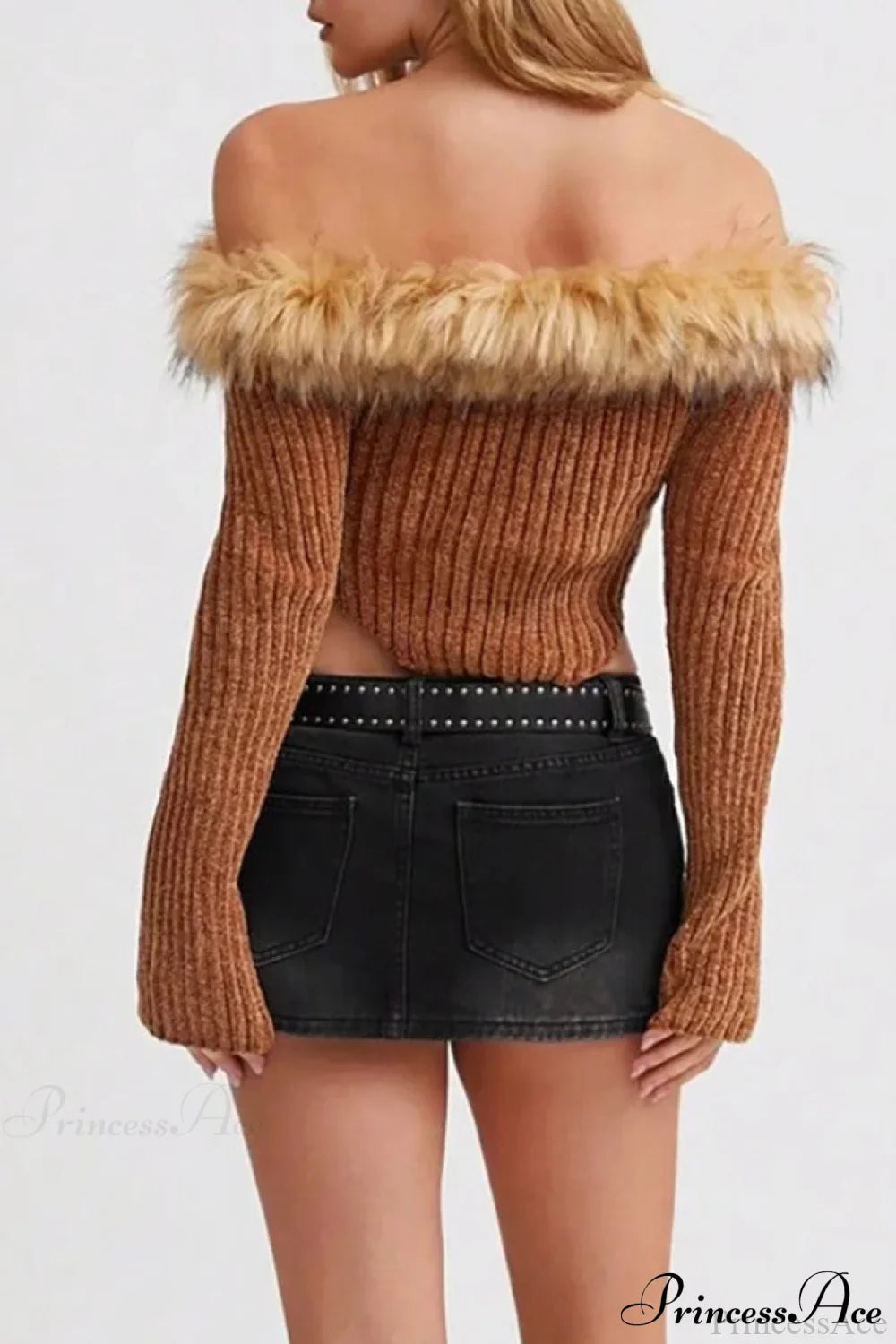 Fleece Collar Knit Off Shoulder Irregular Crop Top image 3
