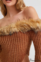 Fleece Collar Knit Off Shoulder Irregular Crop Top image 4