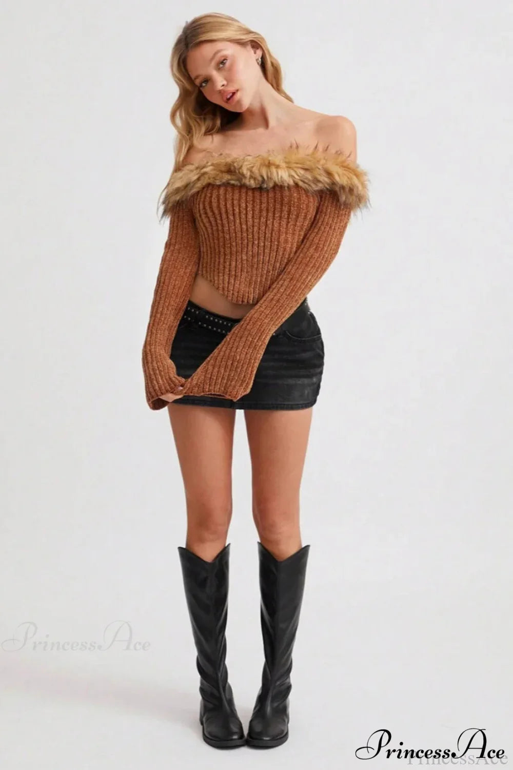 Fleece Collar Knit Off Shoulder Irregular Crop Top image 5