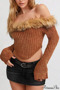 Fleece Collar Knit Off Shoulder Irregular Crop Top image 1