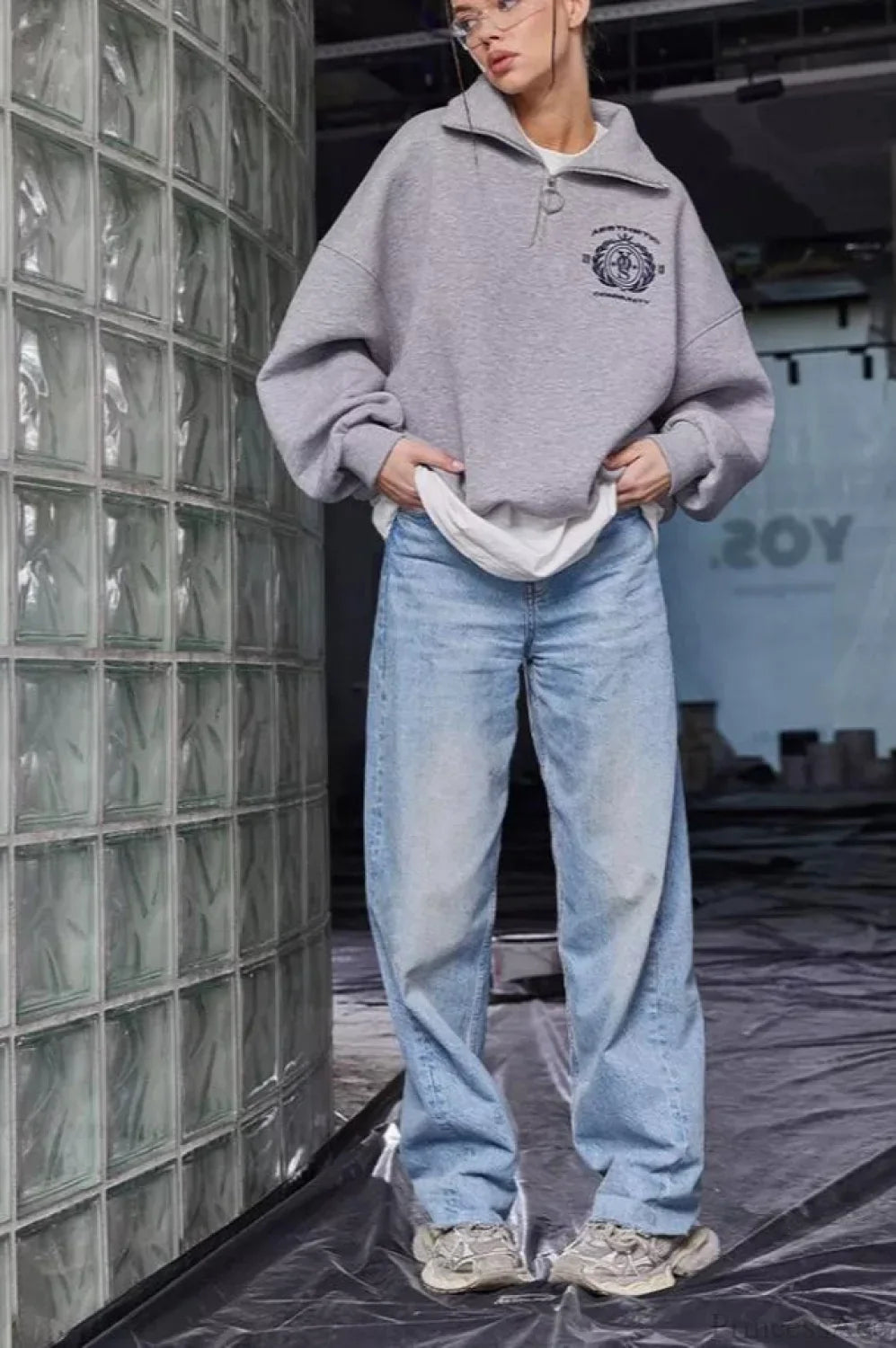 Fleece-Lined Letter Embroidery Stand Collar Half-Zip Sweatshirt image 3