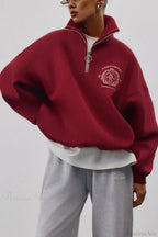 Fleece-Lined Letter Embroidery Stand Collar Half-Zip Sweatshirt image 5