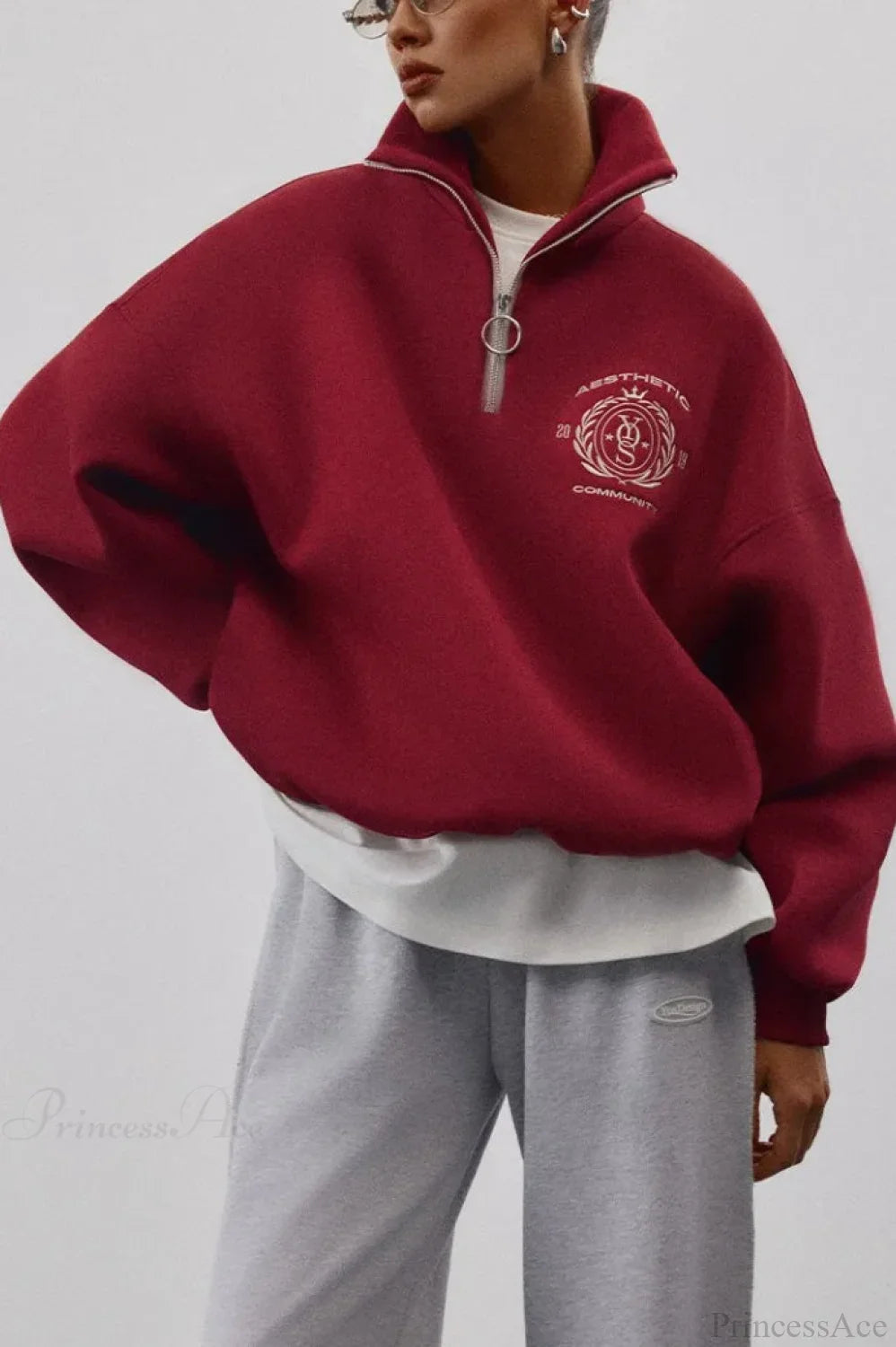 Fleece-Lined Letter Embroidery Stand Collar Half-Zip Sweatshirt image 5