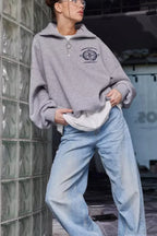 Fleece-Lined Letter Embroidery Stand Collar Half-Zip Sweatshirt image 2