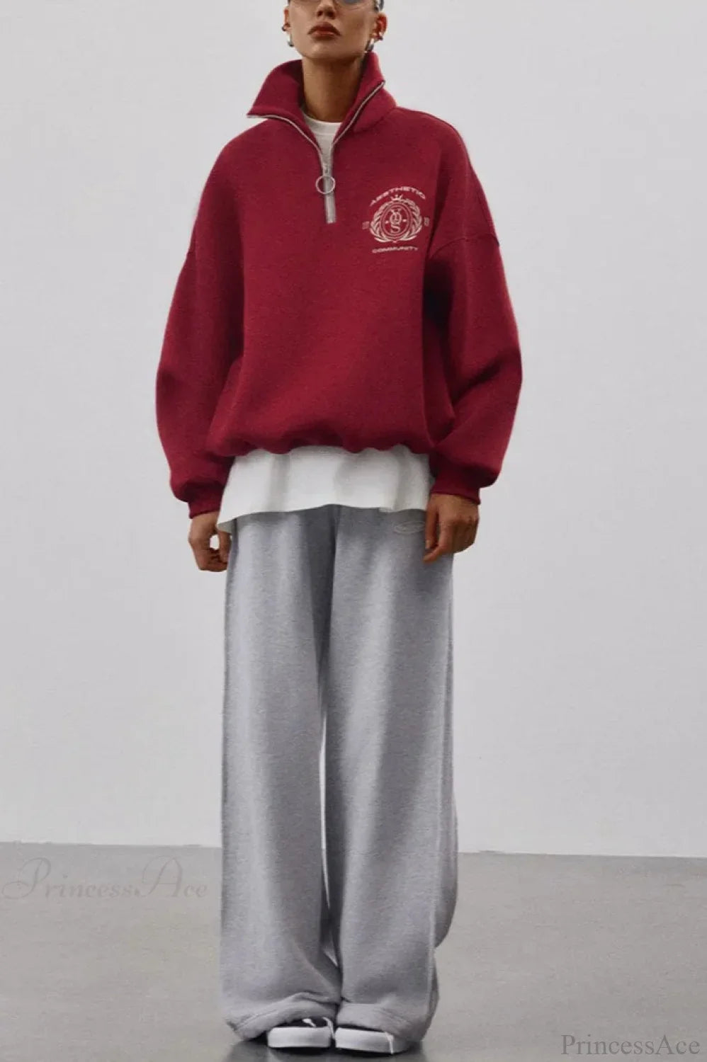 Fleece-Lined Letter Embroidery Stand Collar Half-Zip Sweatshirt image 6
