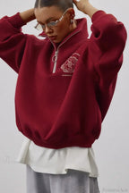 Fleece-Lined Letter Embroidery Stand Collar Half-Zip Sweatshirt image 4