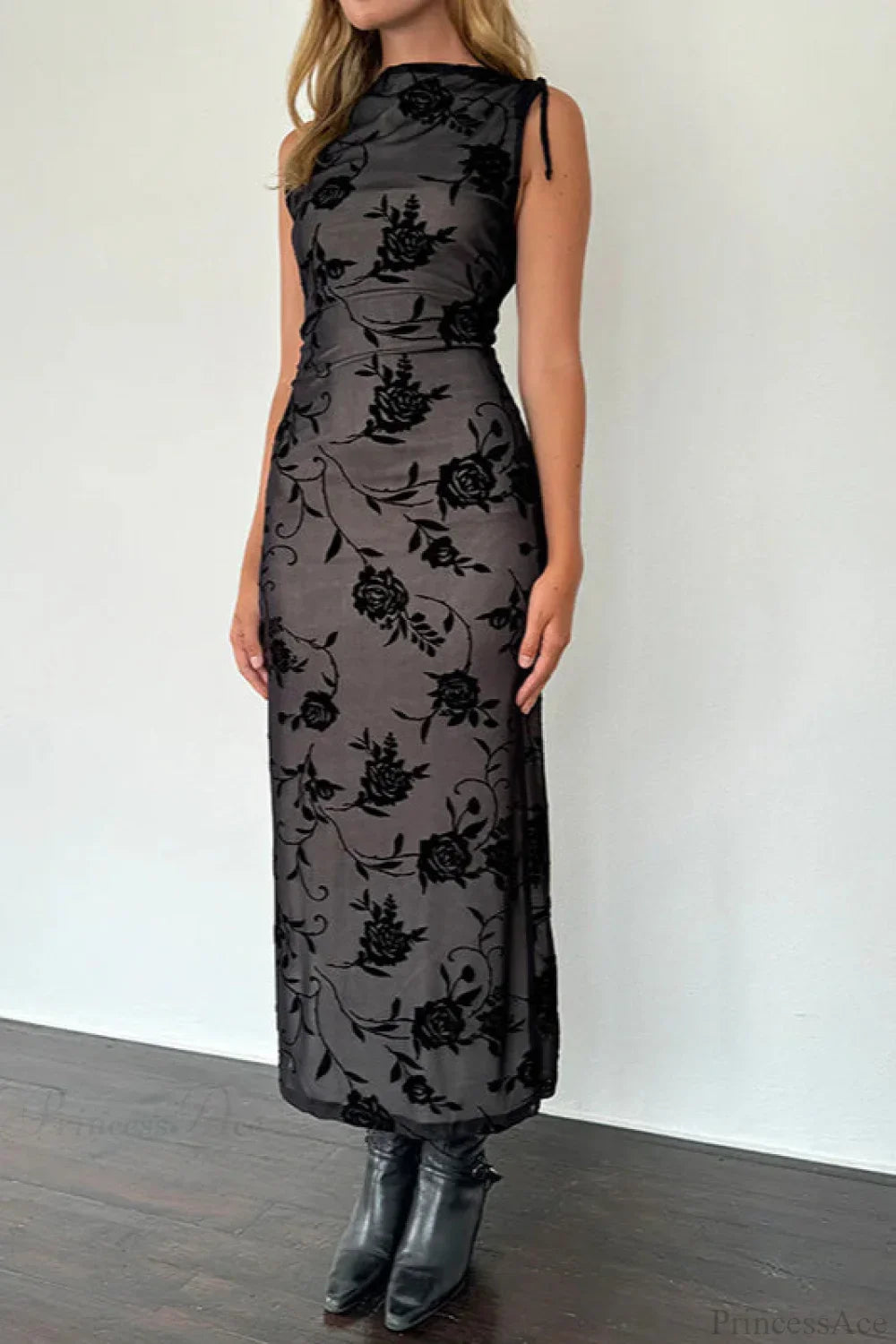 Flocked Mesh Sleeveless Bodycon Maxi Dress image 2