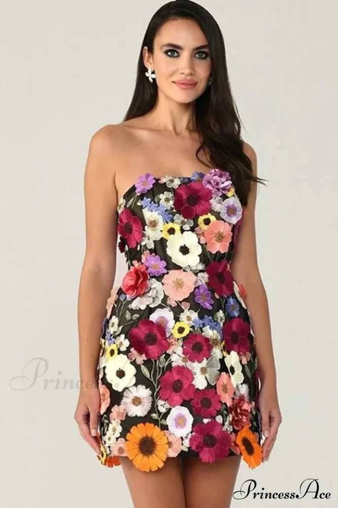 Floral 3D Embroidery Charming Tube Mini Dress image 1