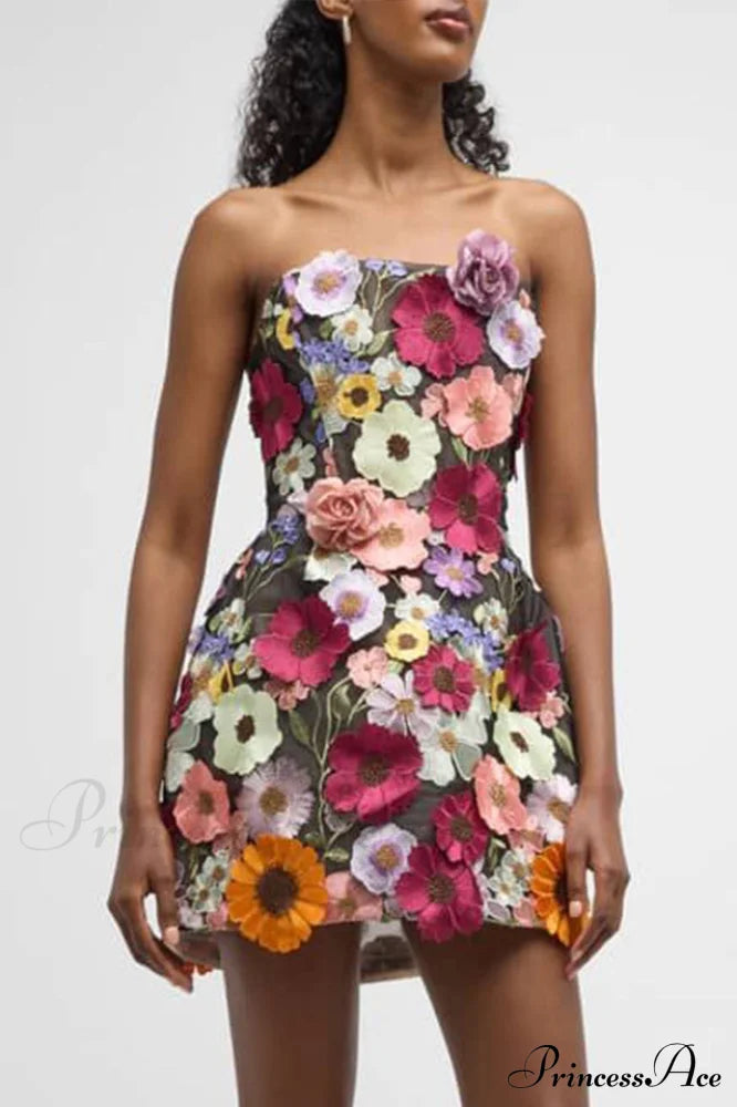 Floral 3D Embroidery Charming Tube Mini Dress image 2