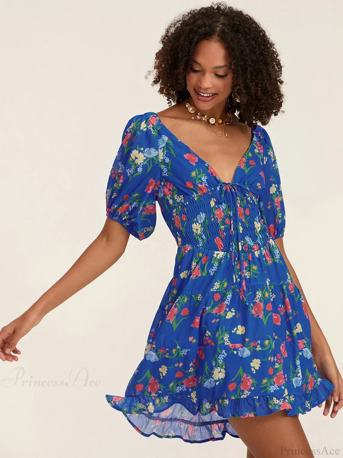 Floral A-Line Mini Puff Short Sleeve Tie-Up Front Flared Vacation Party Dress image 7