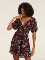 Floral A-Line Mini Puff Short Sleeve Tie-Up Front Flared Vacation Party Dress image 2
