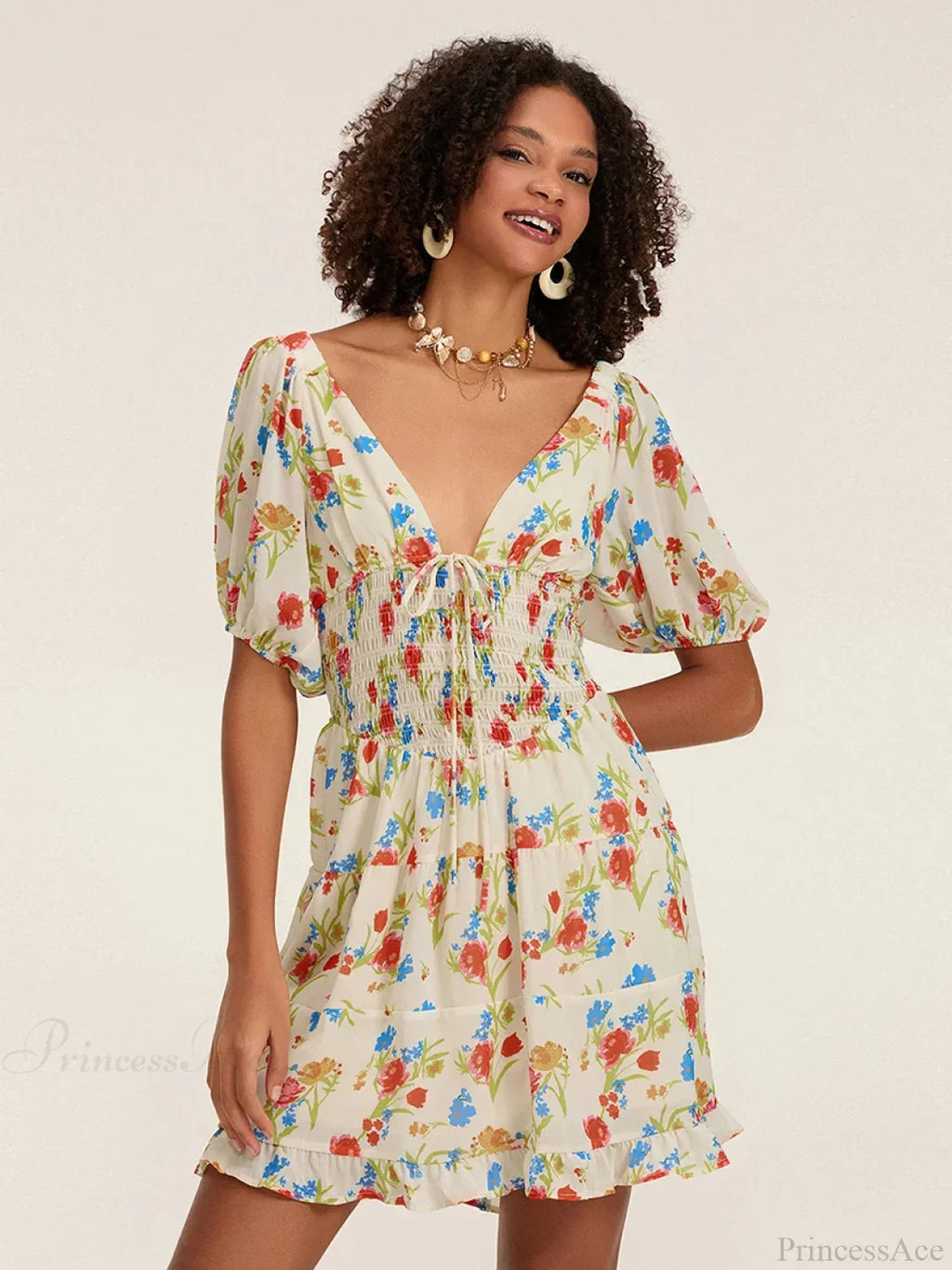 Floral A-Line Mini Puff Short Sleeve Tie-Up Front Flared Vacation Party Dress image 5