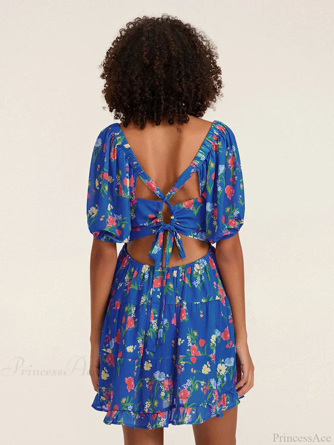 Floral A-Line Mini Puff Short Sleeve Tie-Up Front Flared Vacation Party Dress image 4