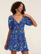 Floral A-Line Mini Puff Short Sleeve Tie-Up Front Flared Vacation Party Dress image 3