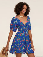 Floral A-Line Mini Puff Short Sleeve Tie-Up Front Flared Vacation Party Dress image 1
