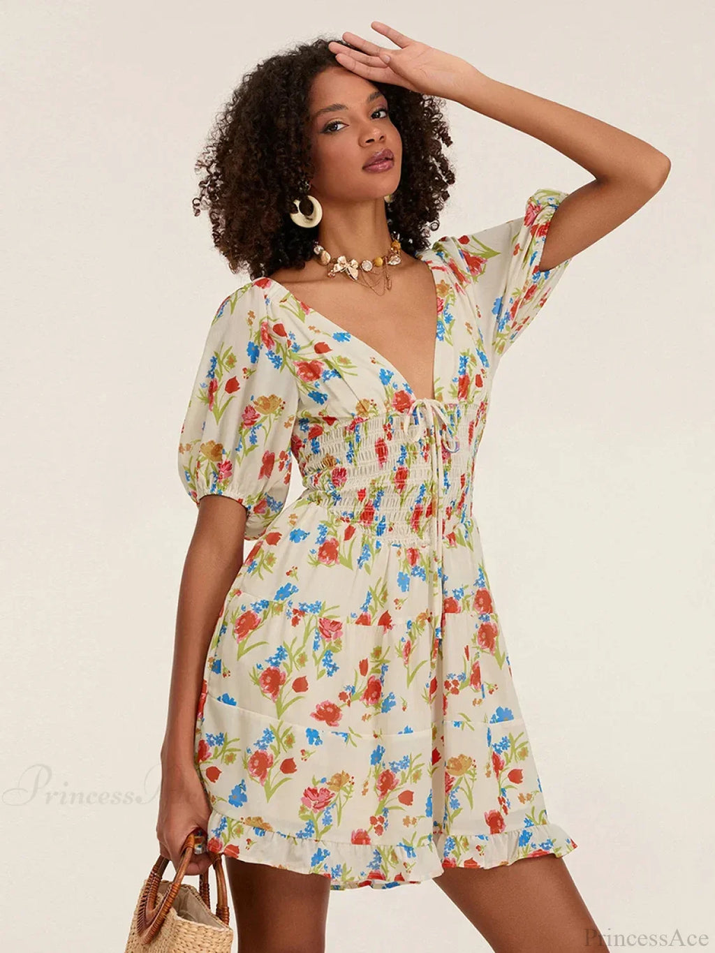 Floral A-Line Mini Puff Short Sleeve Tie-Up Front Flared Vacation Party Dress image 6