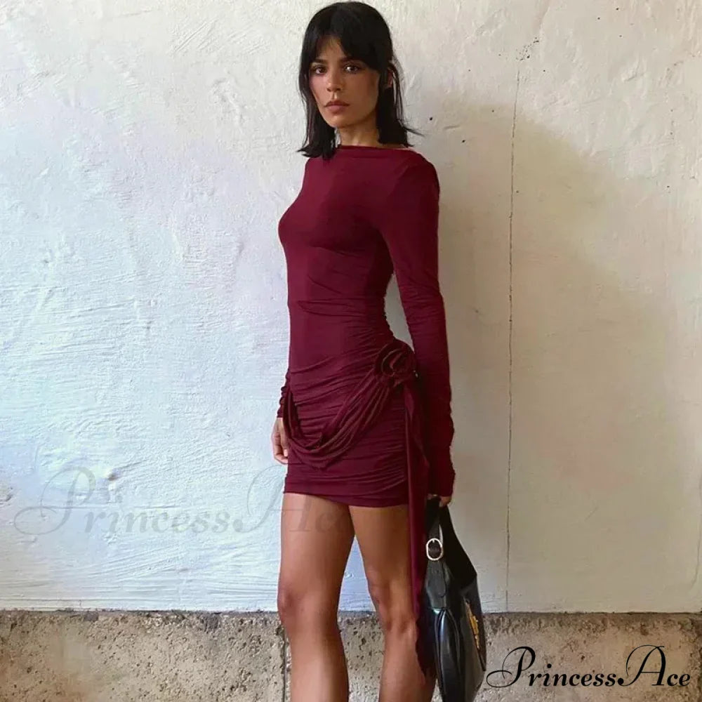 Floral Appliques Long Sleeve Ruched Bodycon Holiday Solid Slim Mini Dress image 5