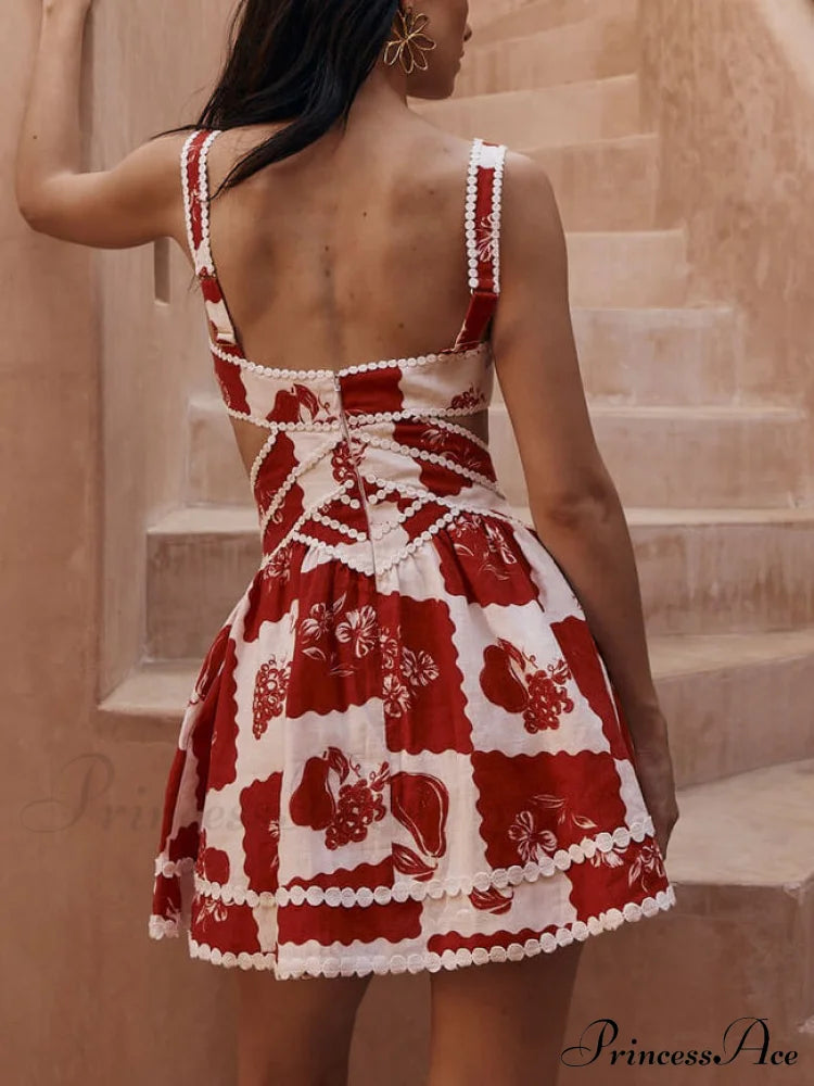 Floral Decorative Unique Print Graceful V-Neck Hollow A-Line Mini Dress image 2
