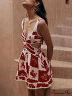 Floral Decorative Unique Print Graceful V-Neck Hollow A-Line Mini Dress image 4