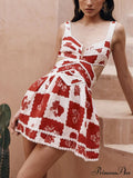 Floral Decorative Unique Print Graceful V-Neck Hollow A-Line Mini Dress image 1