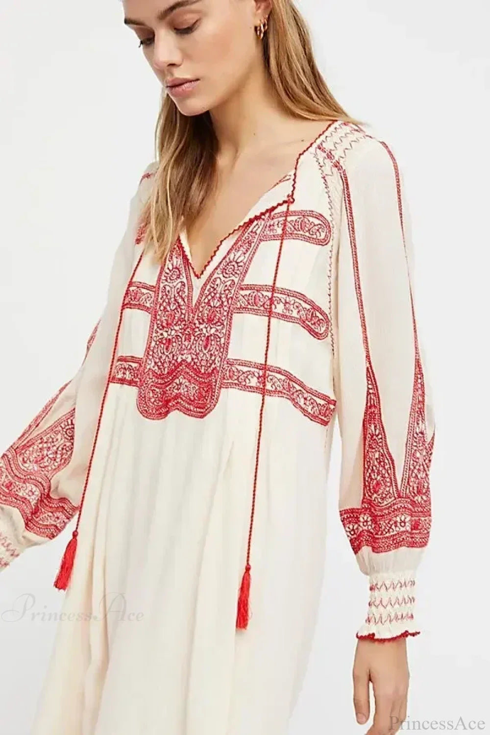 Floral Embroidered Tassel Oversized Cotton Boho Dress image 1