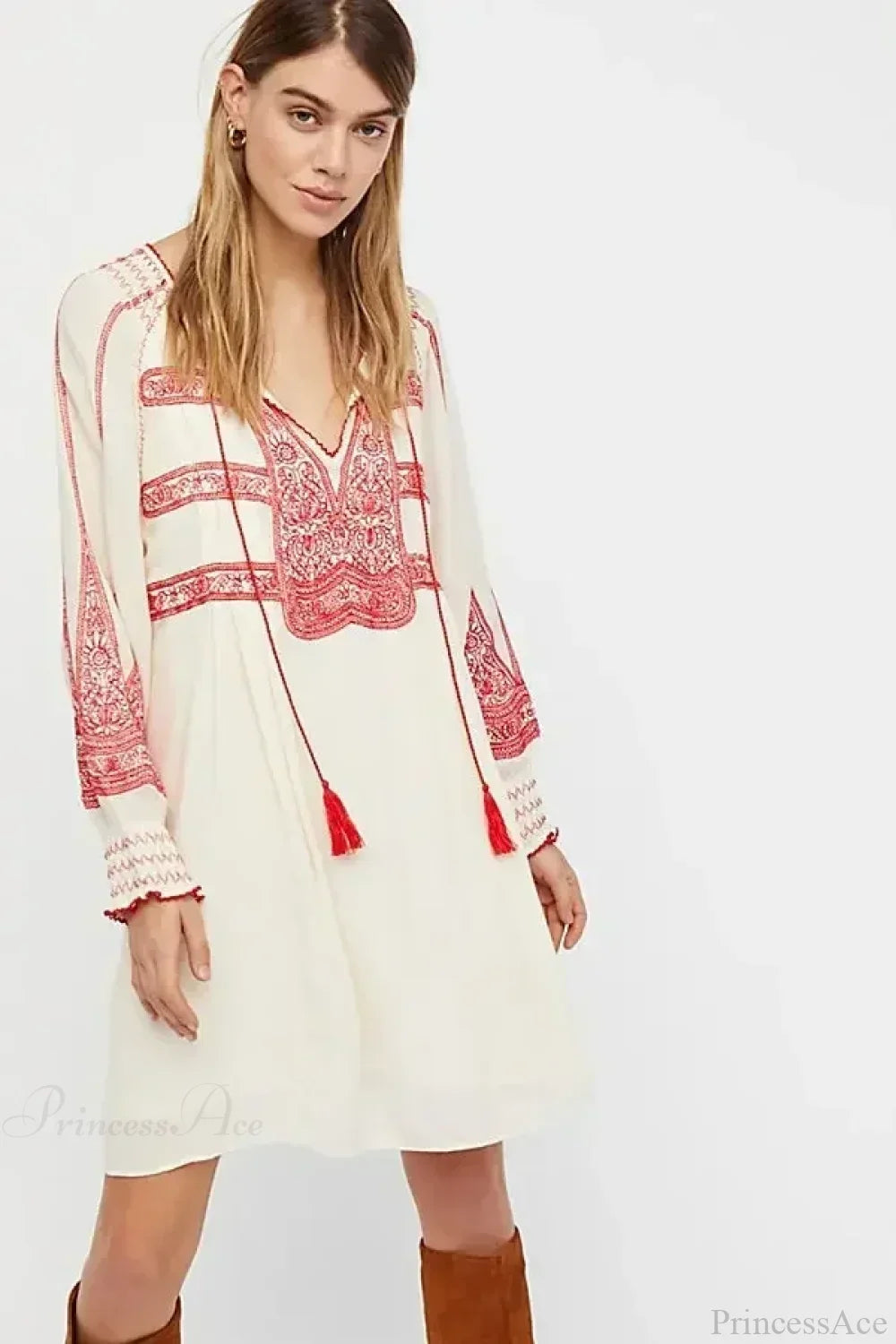 Floral Embroidered Tassel Oversized Cotton Boho Dress image 2