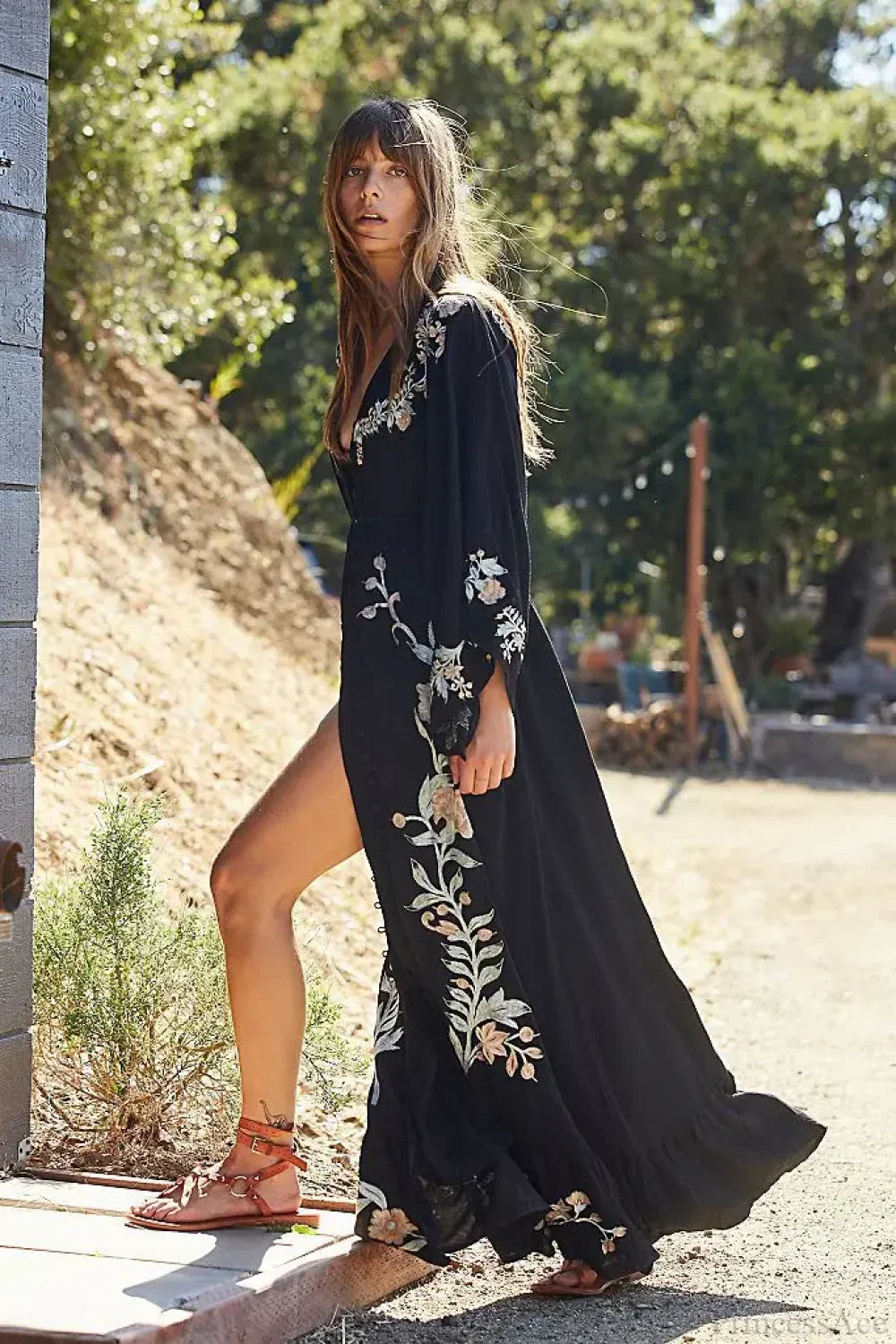 Floral Embroidery Backless Strapless Cotton Boho Dress image 1