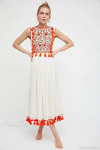 Floral Embroidery Sleeveless Tassel Cotton Boho Dress image 7