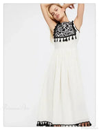 Floral Embroidery Sleeveless Tassel Cotton Boho Dress image 4
