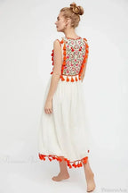Floral Embroidery Sleeveless Tassel Cotton Boho Dress image 3