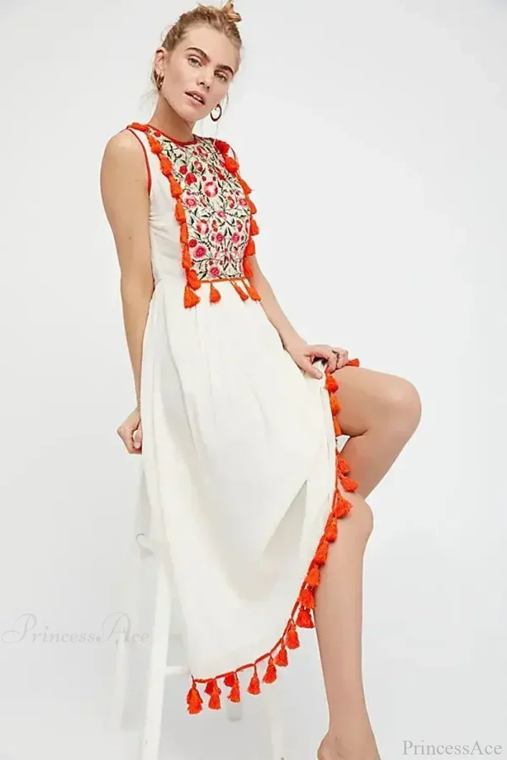 Floral Embroidery Sleeveless Tassel Cotton Boho Dress image 2