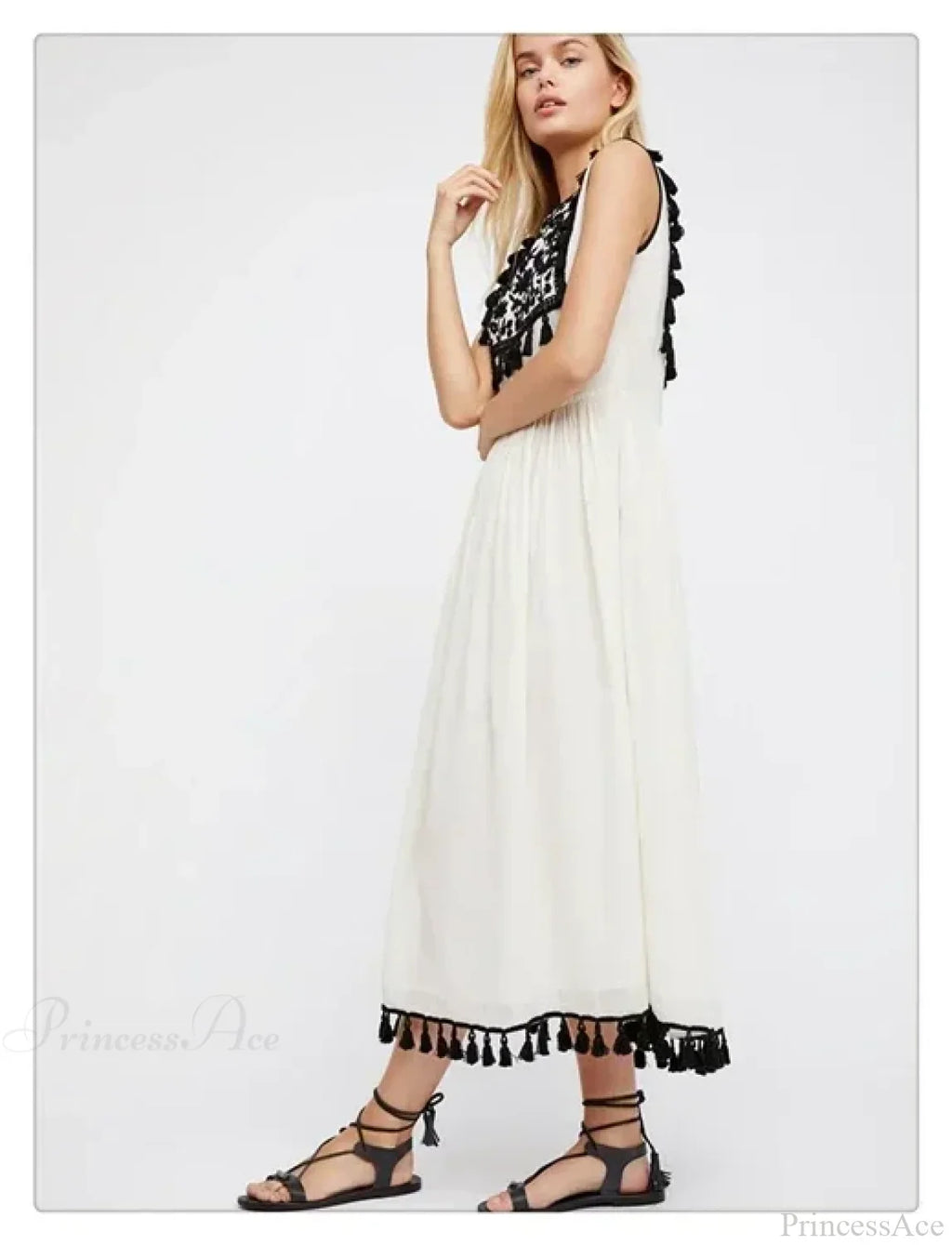 Floral Embroidery Sleeveless Tassel Cotton Boho Dress image 5