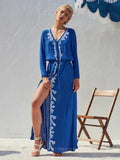 Floral Embroidery Stretch Waist Holiday Maxi Boho Dress image 1
