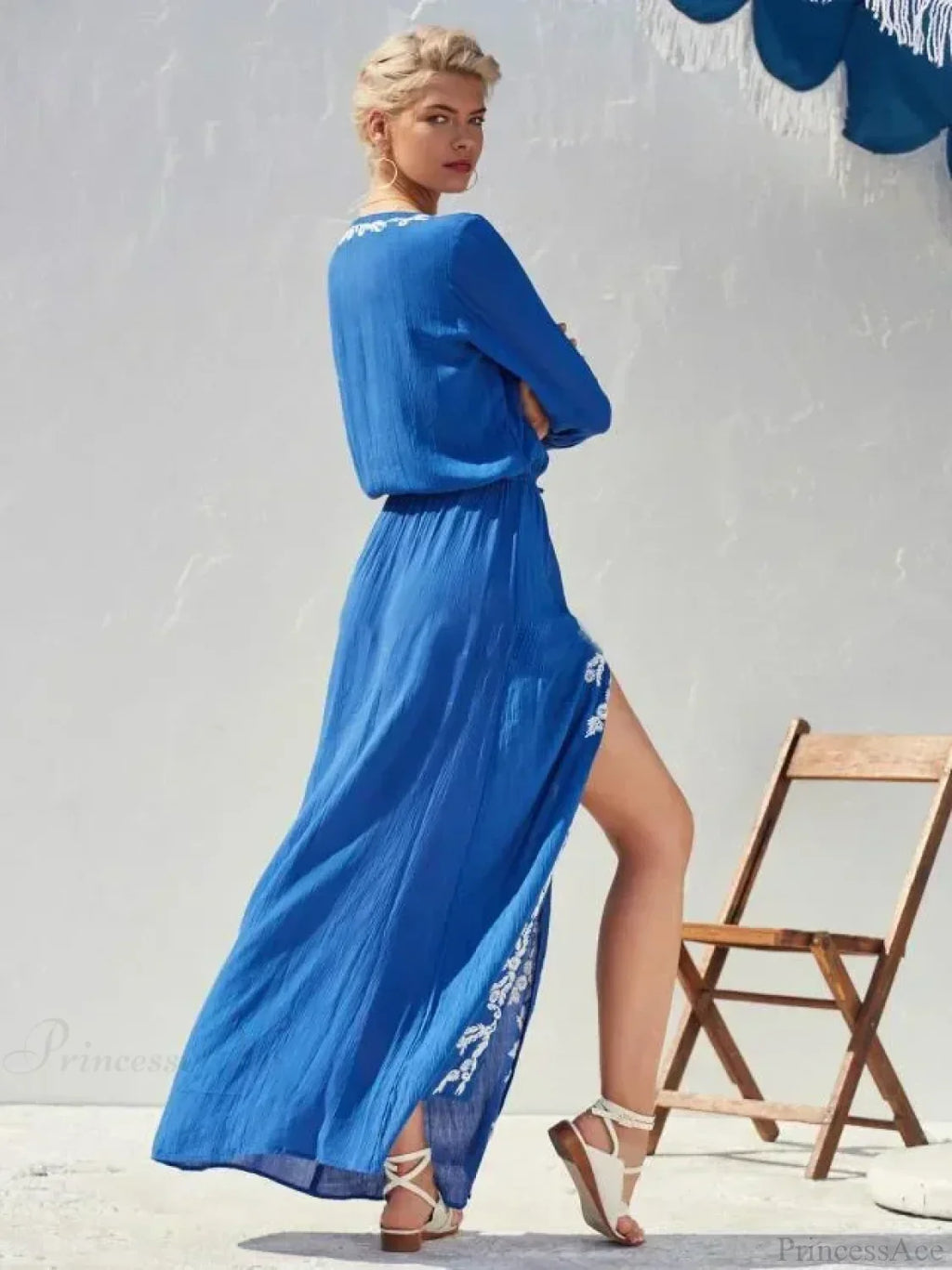 Floral Embroidery Stretch Waist Holiday Maxi Boho Dress image 2