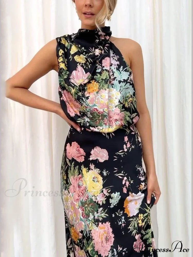 Floral Halter Neck Charming Elastic Waist Maxi Dress image 6