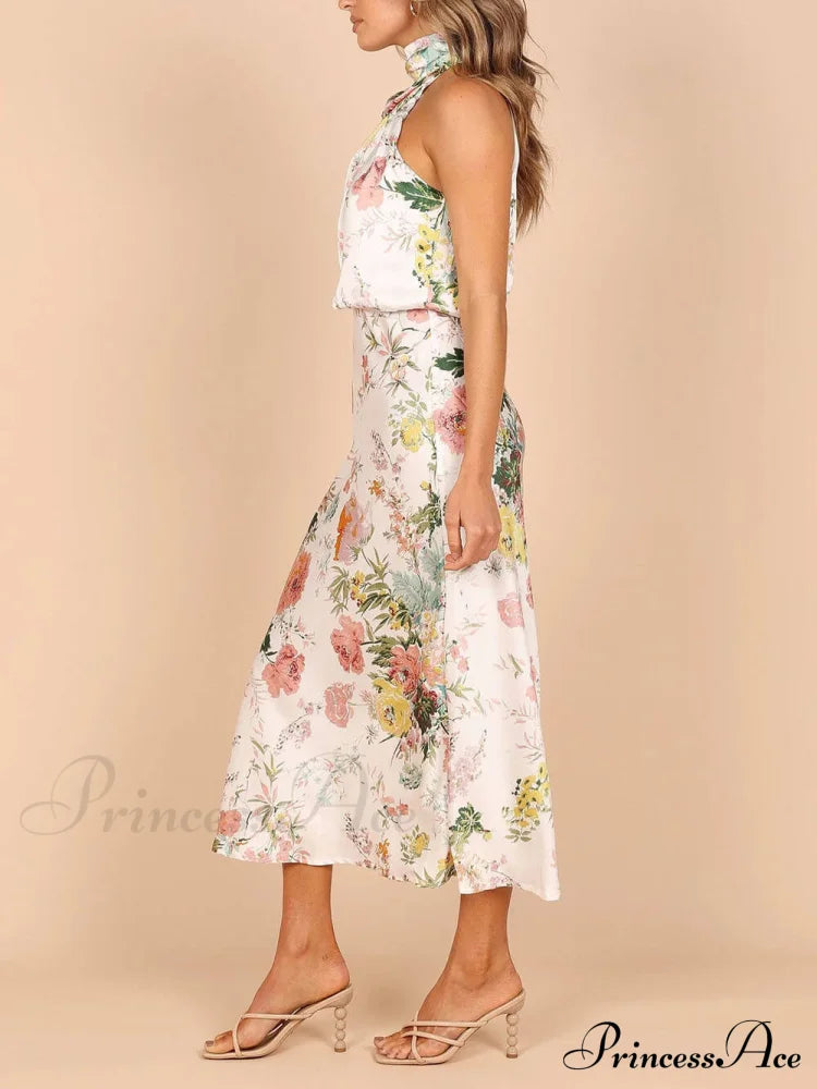 Floral Halter Neck Charming Elastic Waist Maxi Dress image 4