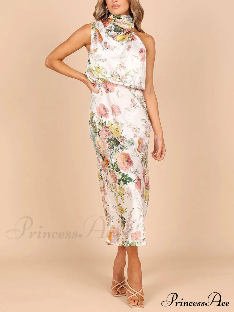 Floral Halter Neck Charming Elastic Waist Maxi Dress image 2