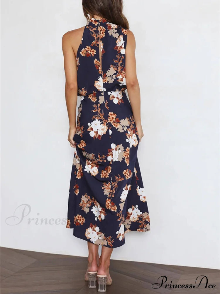 Floral Halter Neck Charming Elastic Waist Maxi Dress image 17