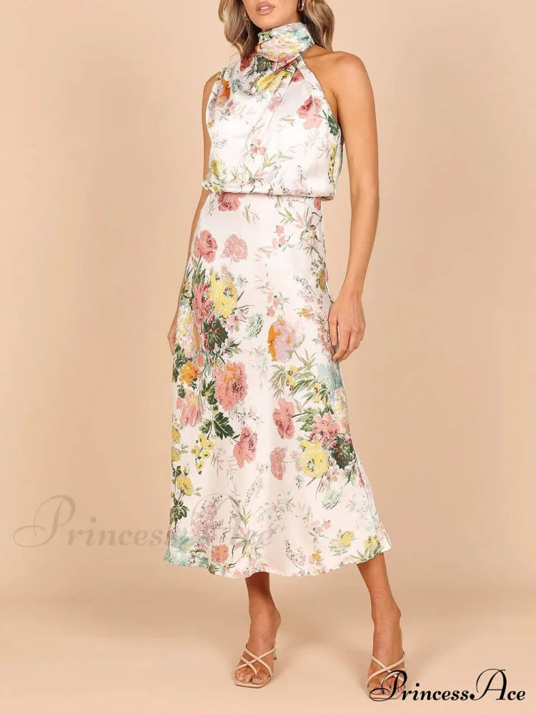 Floral Halter Neck Charming Elastic Waist Maxi Dress image 3