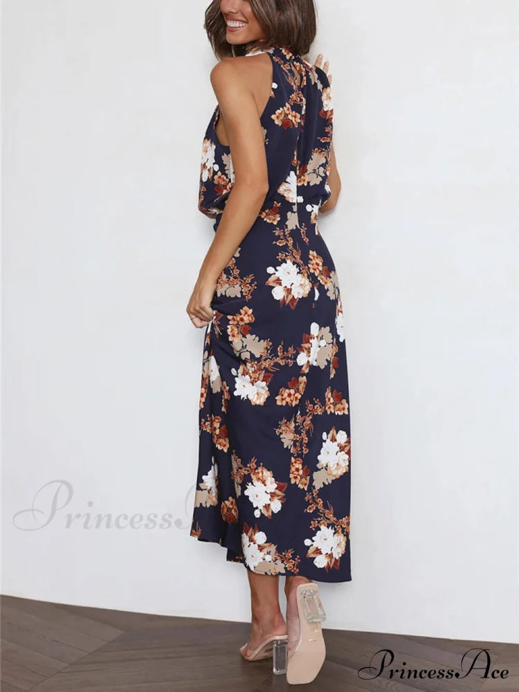 Floral Halter Neck Charming Elastic Waist Maxi Dress image 16