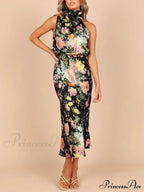 Floral Halter Neck Charming Elastic Waist Maxi Dress image 7