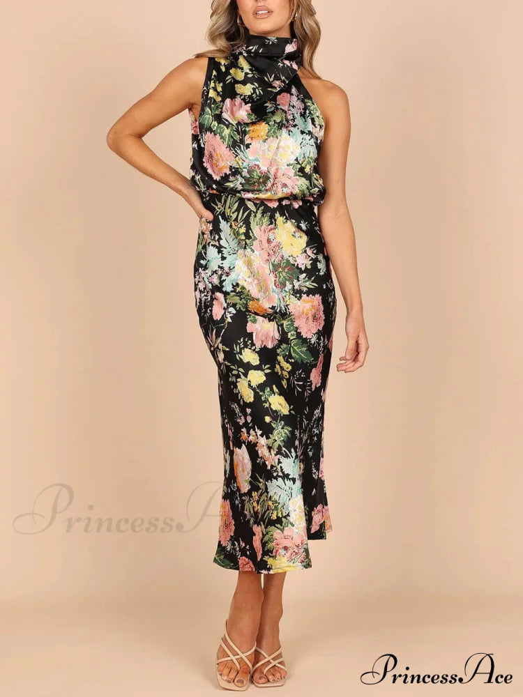 Floral Halter Neck Charming Elastic Waist Maxi Dress image 7